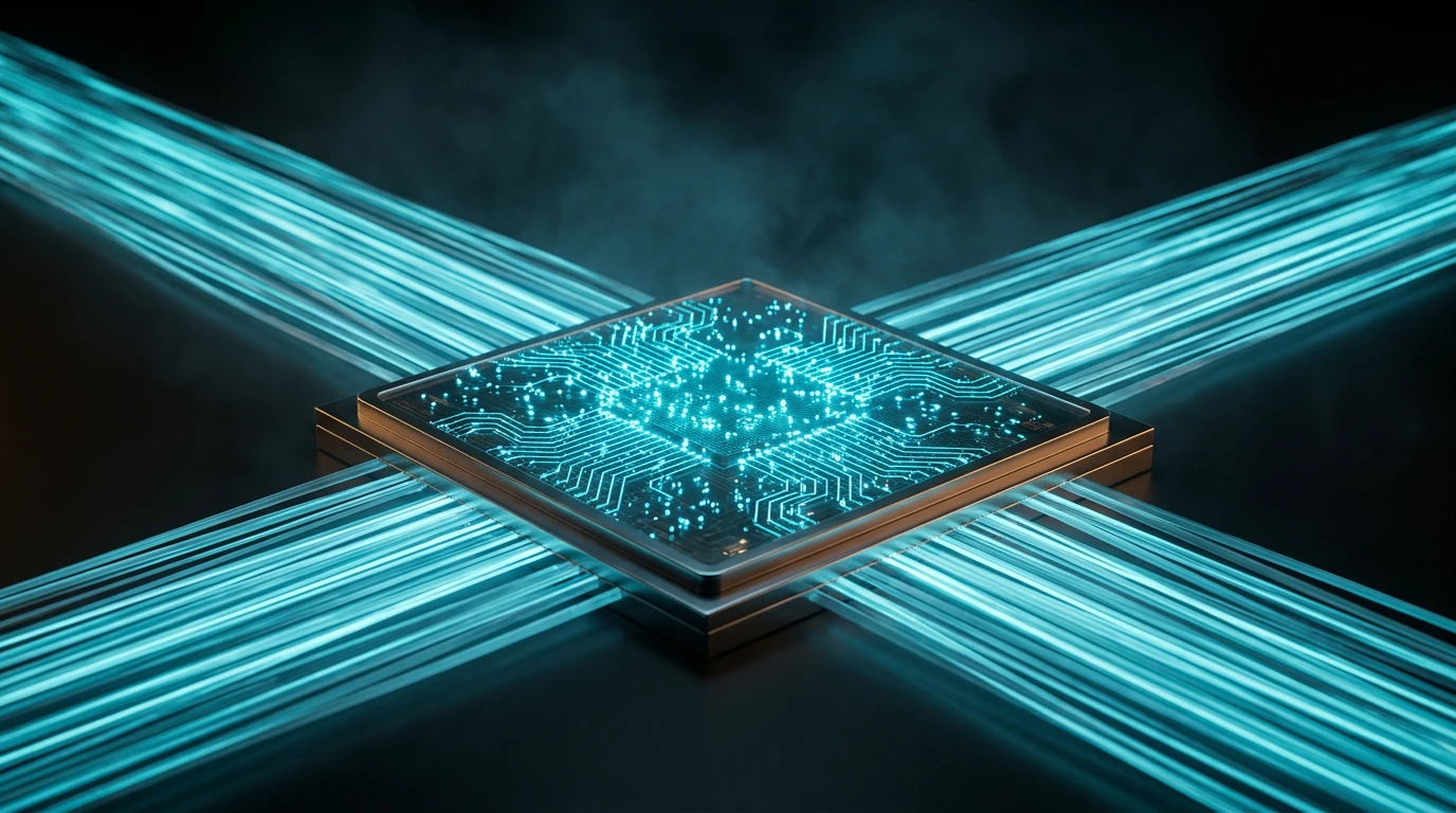 A computer chip surrounded by streams of cyan data ribbons stretched into motion-blur lines, evoking the moment a GPU kernel hits the memory-bandwidth ceiling