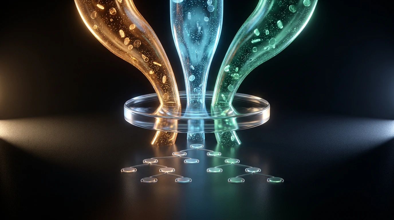 Three luminous data streams — amber, cyan, emerald — cascading from above through a transparent crystalline lens that refracts and clamps them, converging onto a glowing SQL query-plan tree etched into dark silicon below.